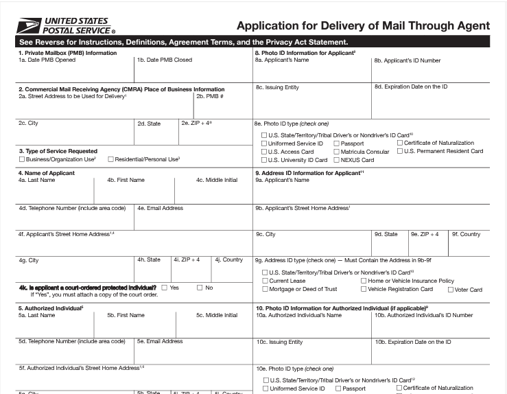 USPS Form 1583 CMRA Commercial Mail Receiving Agency