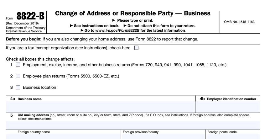 IRS 8822B Business Change of Address Form